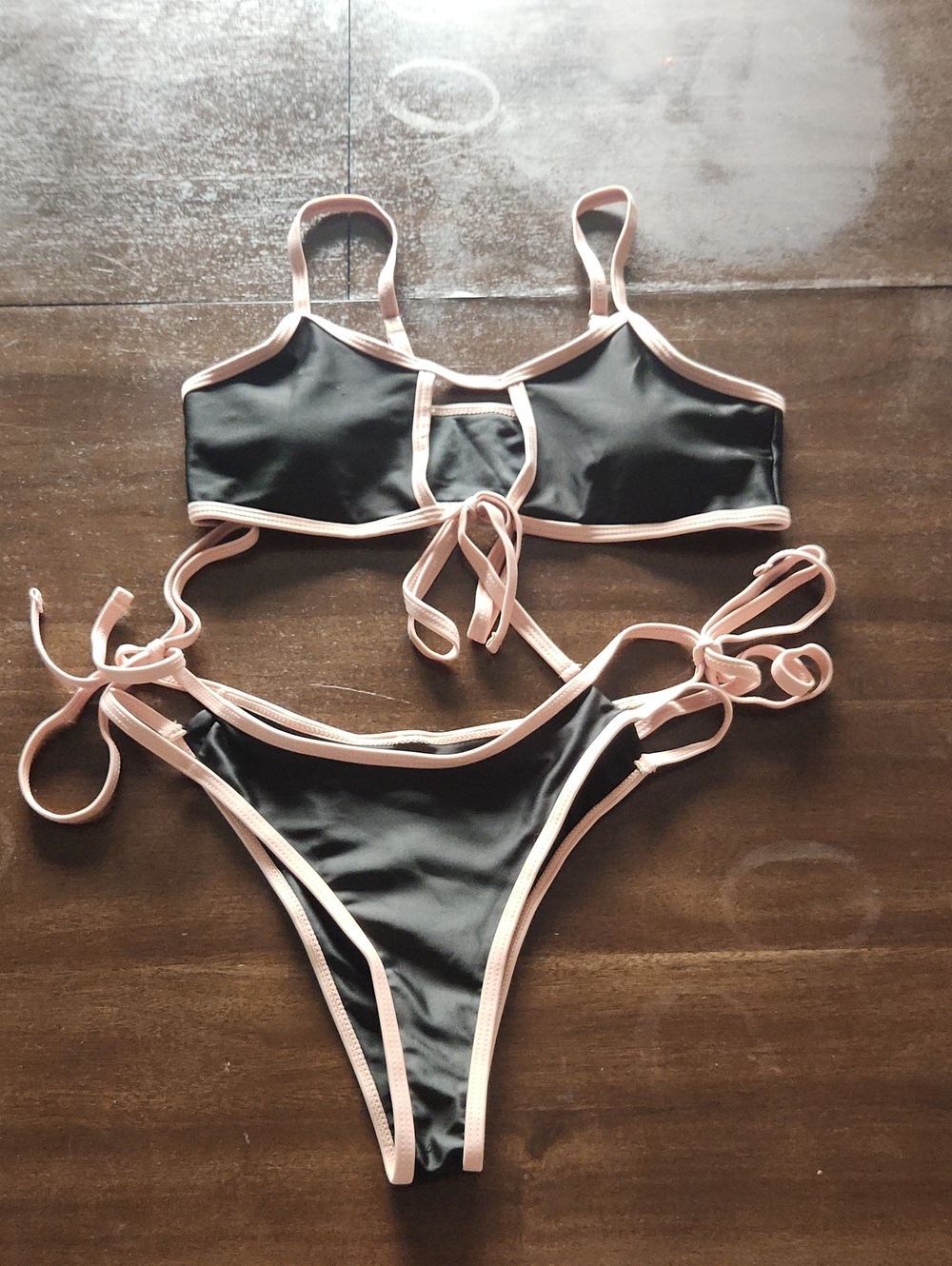 Black Bikini Set with Blush Trim